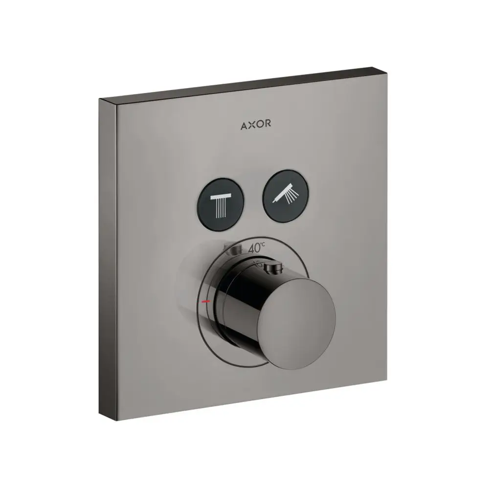 Thermostat von AXOR für die Wandmontage mit einem zentralen Bedienknopf zur Temperaturregulierung und zwei Auswahlmöglichkeiten für den Wasserfluss.